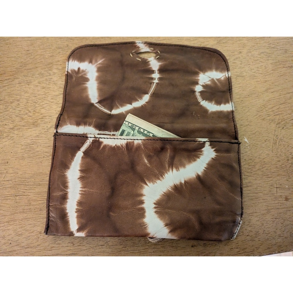 Taytu Ethiopia Brown Tie Dye Leather Monster Clutch Wallet Bead Closure - Picture 10 of 12